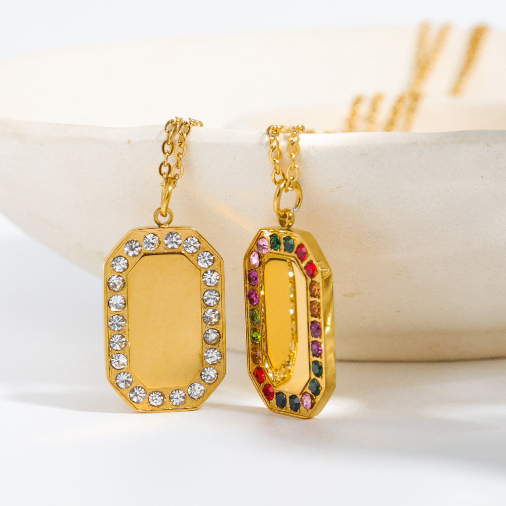 Wholesale inlaid diamond square necklace stainless steel colored zircon pendant sweater chain