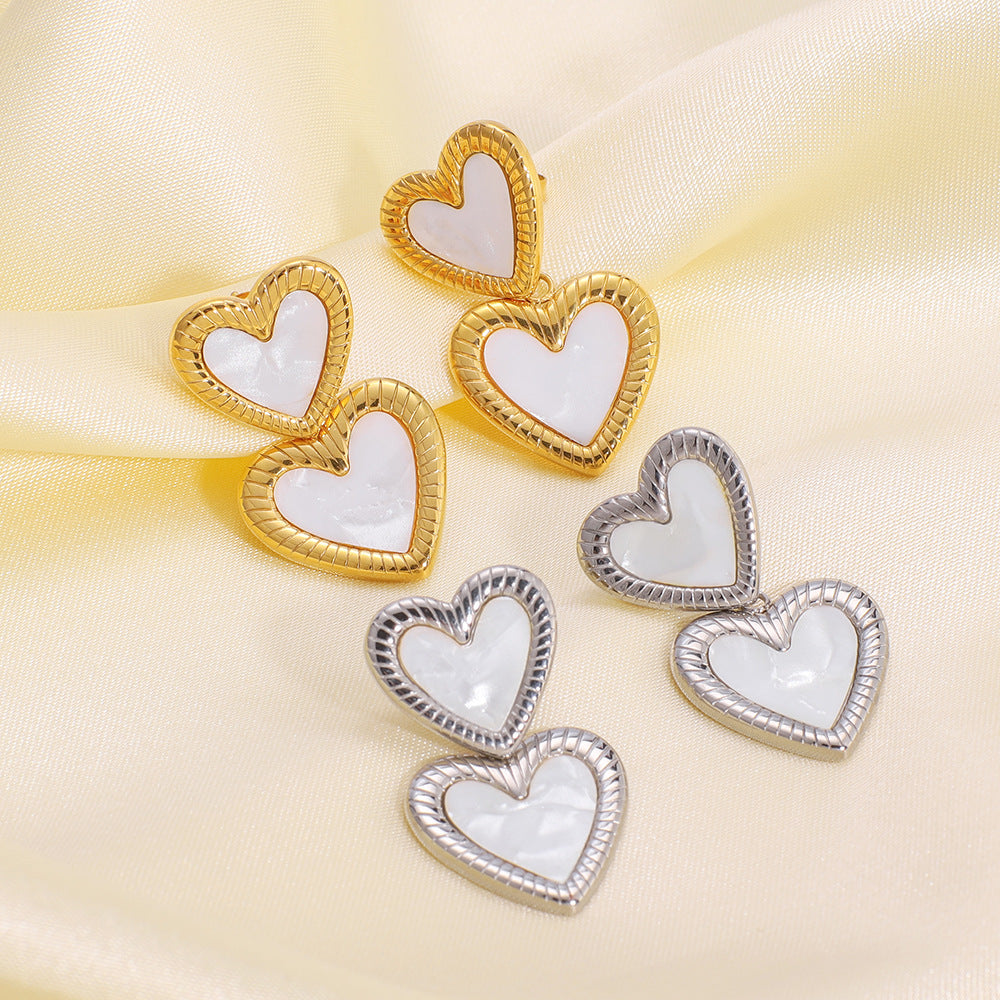 Wholesale love-shaped simple heart double-layer pendant white shell stainless steel earrings