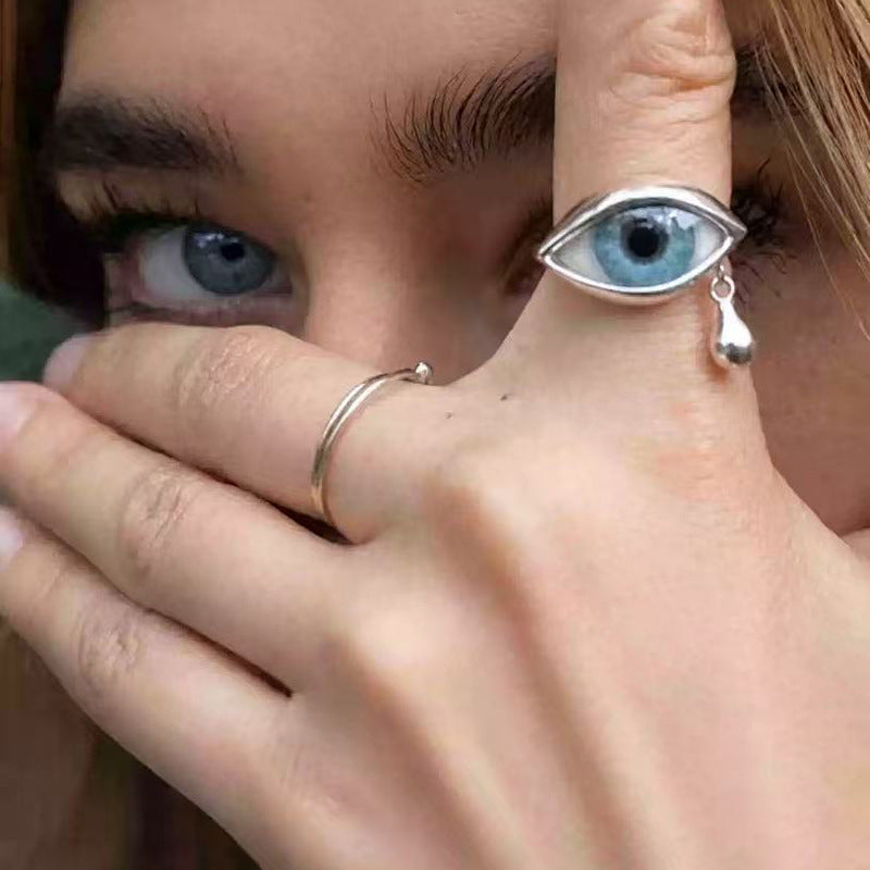 Wholesale Trendy Crying Eye Teardrop Ring Blue Eye Zinc Alloy Electroplate Jewelry Accessory