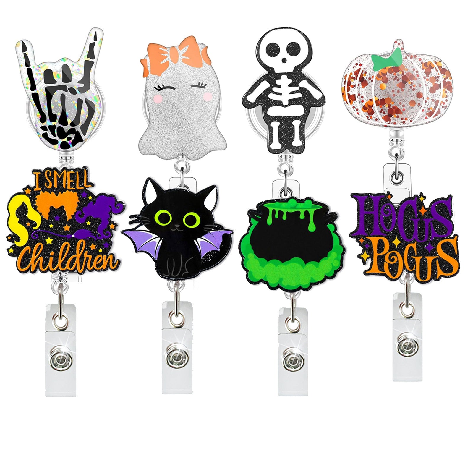 Wholesale  Skull Black Cat Retractable Badge Reel with Glitter Acrylic,  Resale Accessory