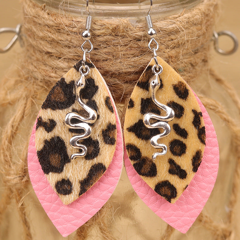 Wholesale Creative Leopard Print Retro Multi-Layered Water Drop Shape Snake Ladies Leather Earrings