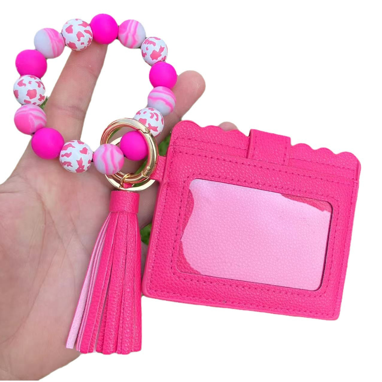 Wholesale European Retro Geometric Pattern Silicone Bead Wristlet Keychain Card Holder - Fashion Accessory for Women