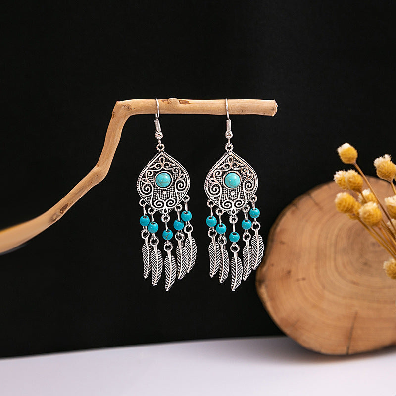 Wholesale Retro Ethnic Style Blue Turquoise Hollow Ring Flower Tassel Earrings Jewelry Accessory