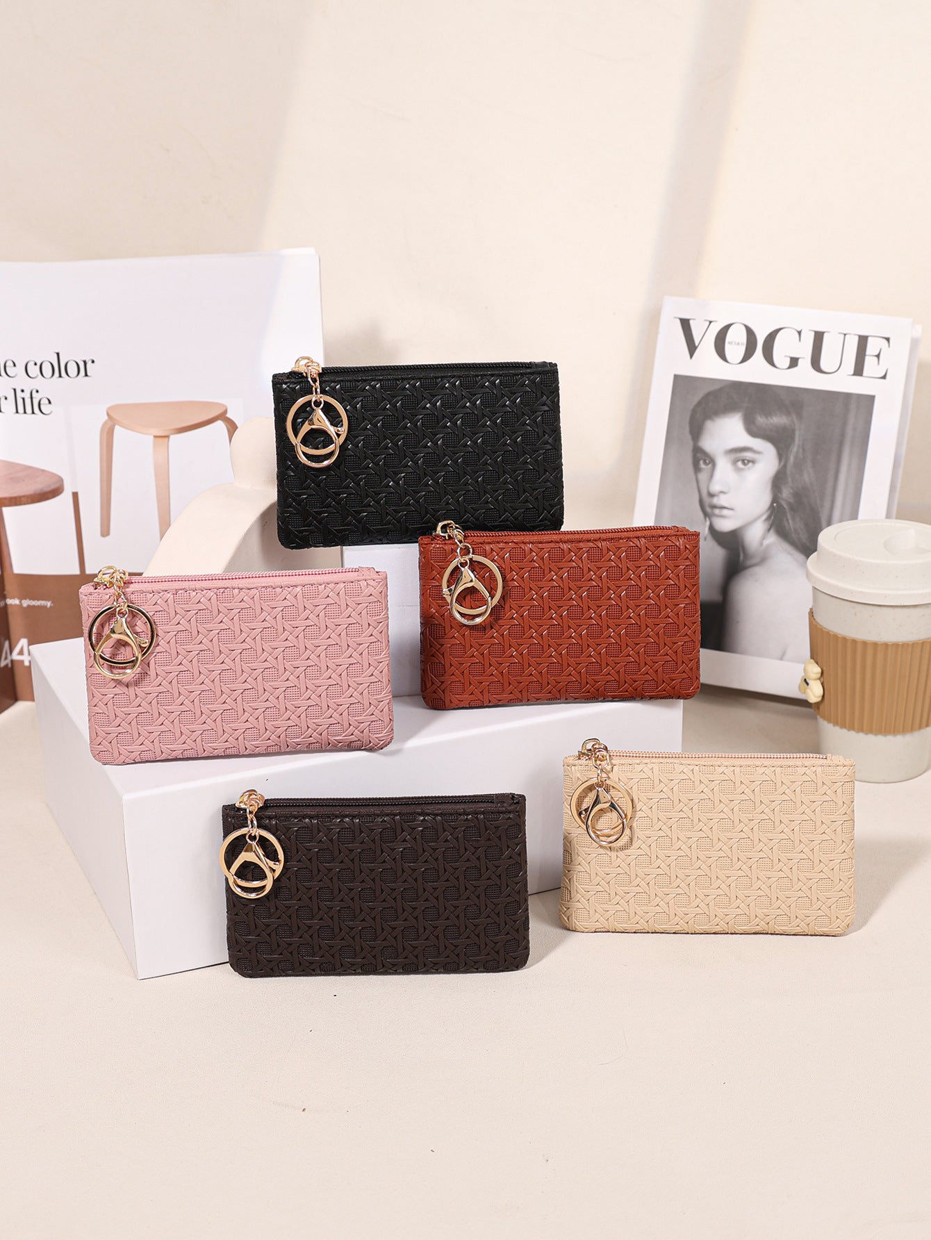 Wholesale Woven Embossed Black PU Wallet Everyday Coin Purse With Lobster Clasp