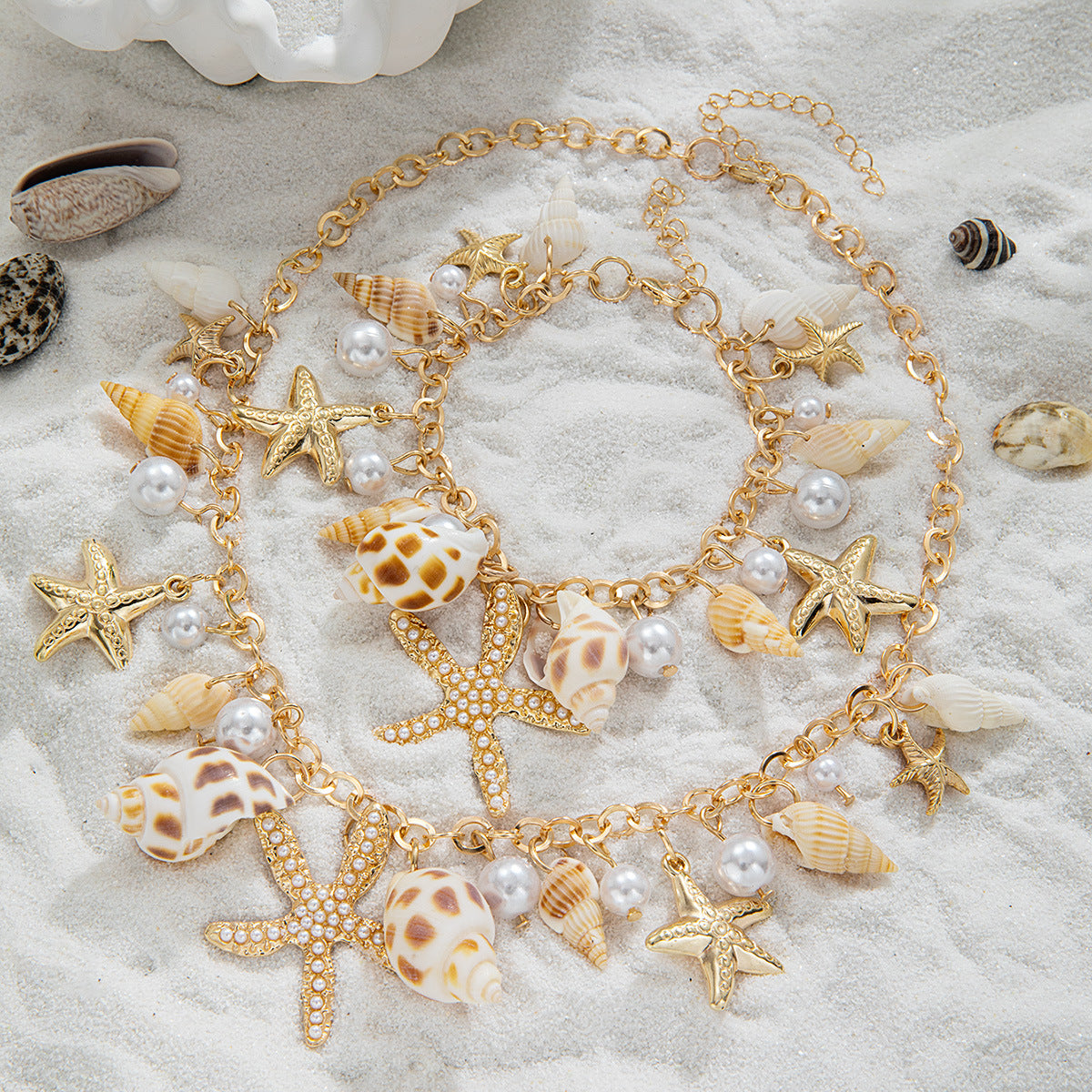 Wholesale Man-made Pearl Summer Seashell Starfish Necklace and Bracelet Set