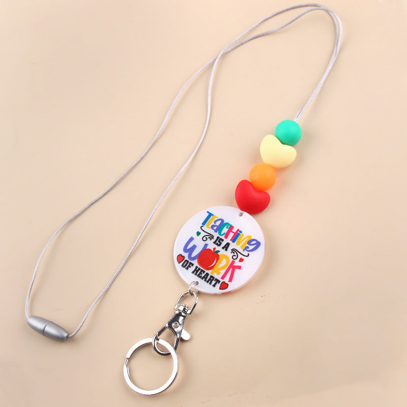 Wholesale Teacher Rainbow Necklace Pendant Cartoon Silicone Beaded Keychain Lanyard Keychain Teacher's Day Bulk Keychains ACC-KC-GuangTian043