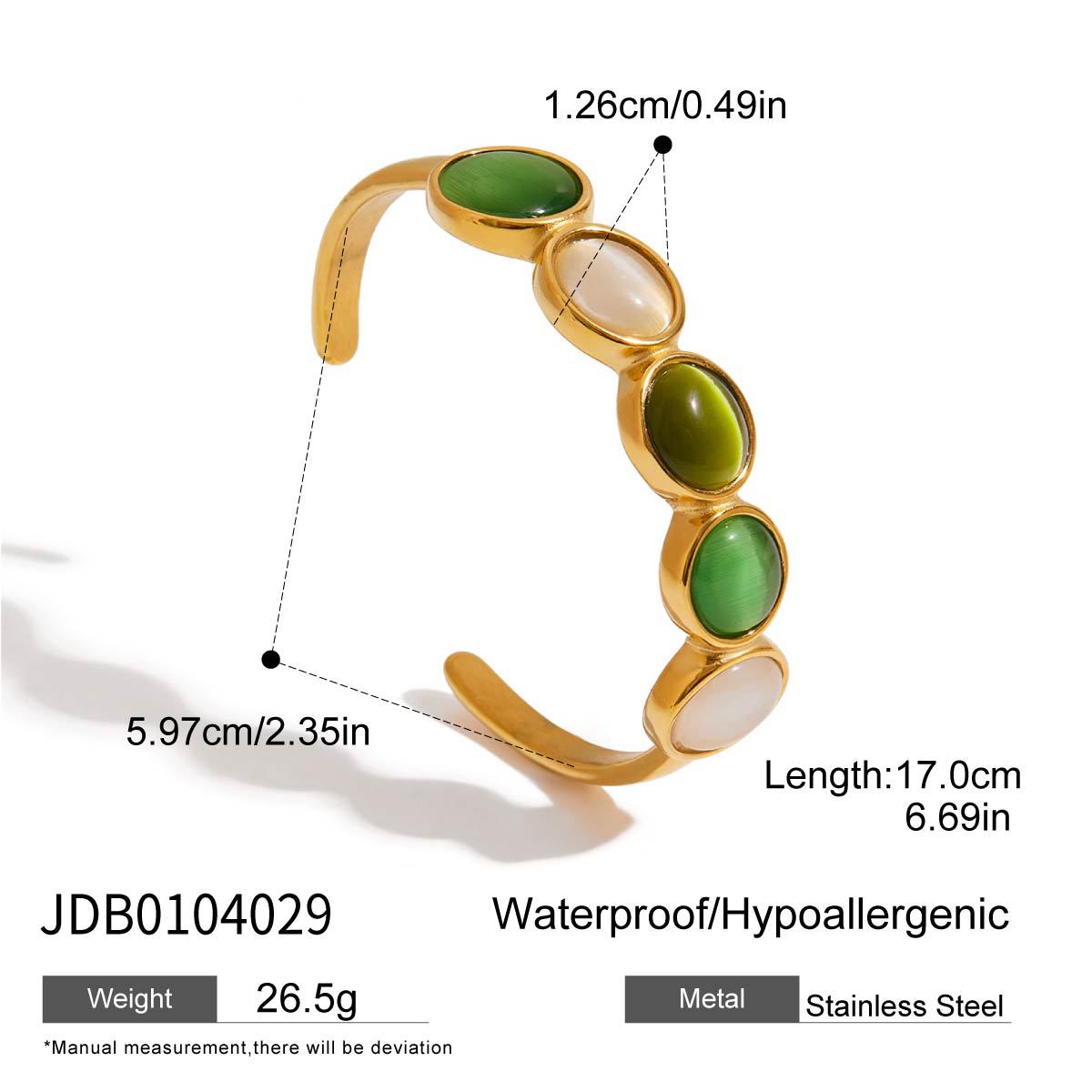 Wholesale 18K Gold Stainless Steel Green and White Cat's Eye Open Bracelet