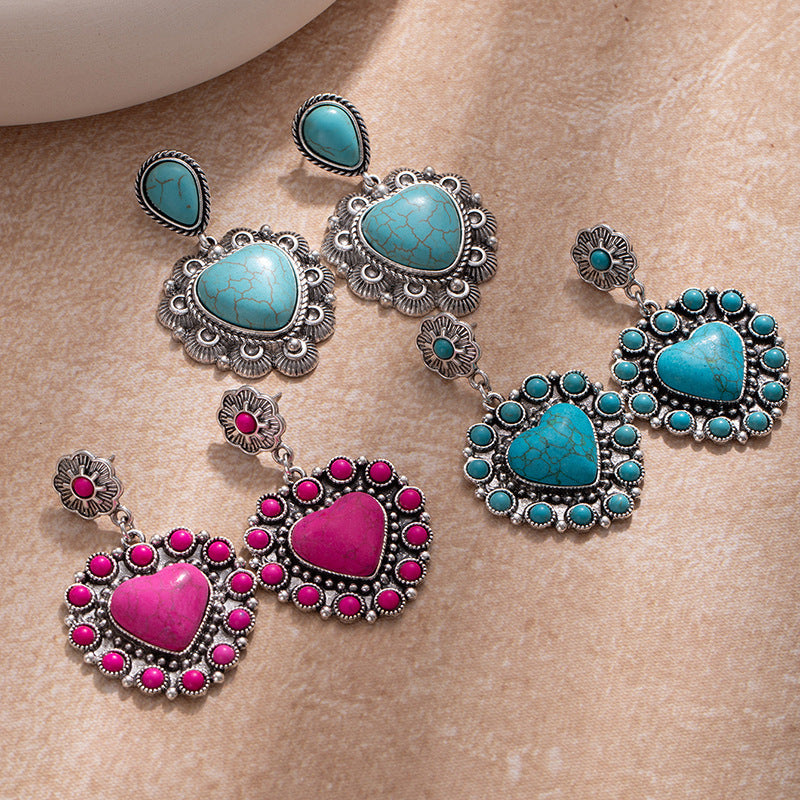 Wholesale Vintage Alloy Earrings with Turquoise Heart Pendant Earrings