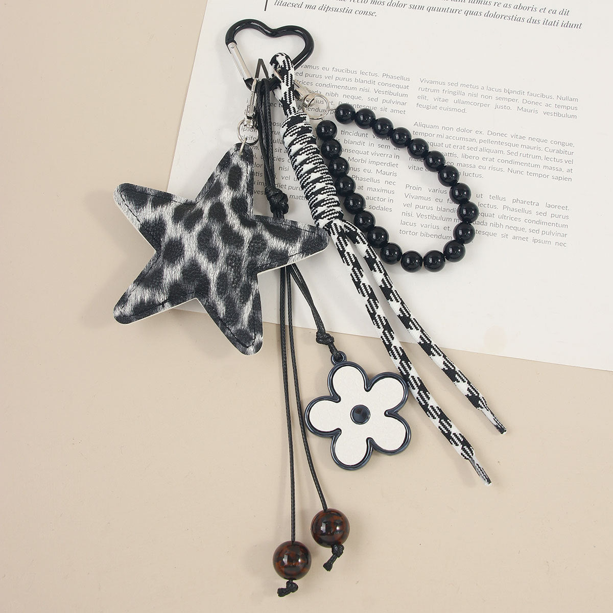 Wholesale PU leather leopard print five-pointed star beaded flower woven rope keychain