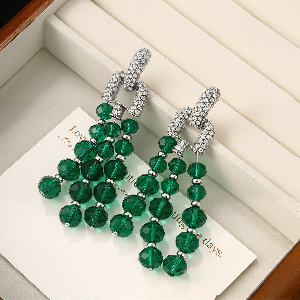 Wholesale Green crystal beaded tassel long light luxury earrings