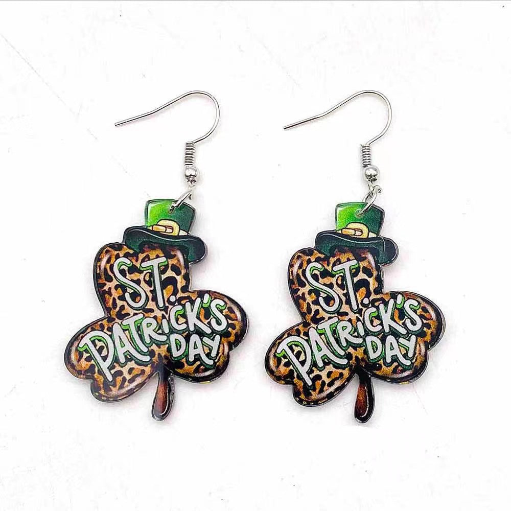 Wholesale St. Patrick's Day Shamrock Hat Leopard Acrylic Earrings
