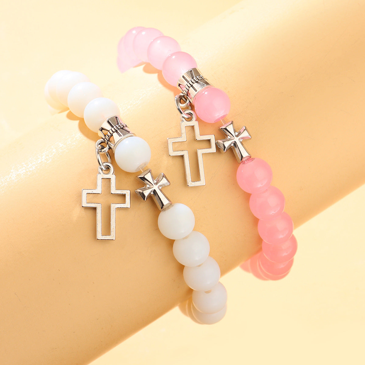 Wholesale Stainless Steel Hollow Cross Handmade Glass Beaded Bracelet