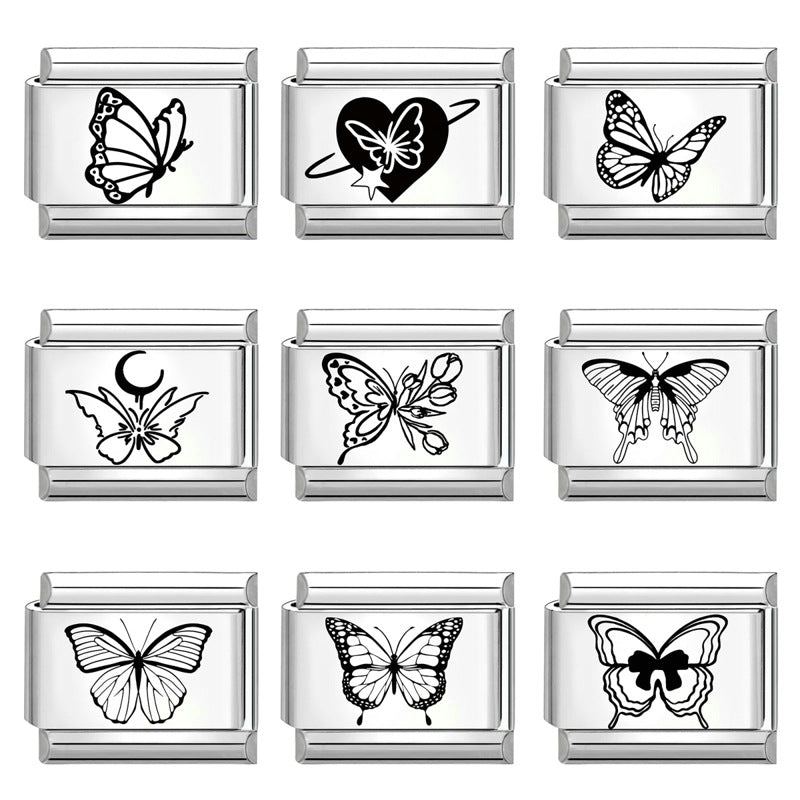 Wholesale Italian Charm Bracelet 9mm DIY Splicing Black and White Lettering Butterfly Titanium Steel Composable Bracelet