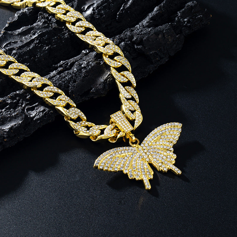 Wholesale Diamond Finish Alloy Butterfly Cuban Necklace - Fashion Jewelry Accessory,  Gift or Resale Boutique