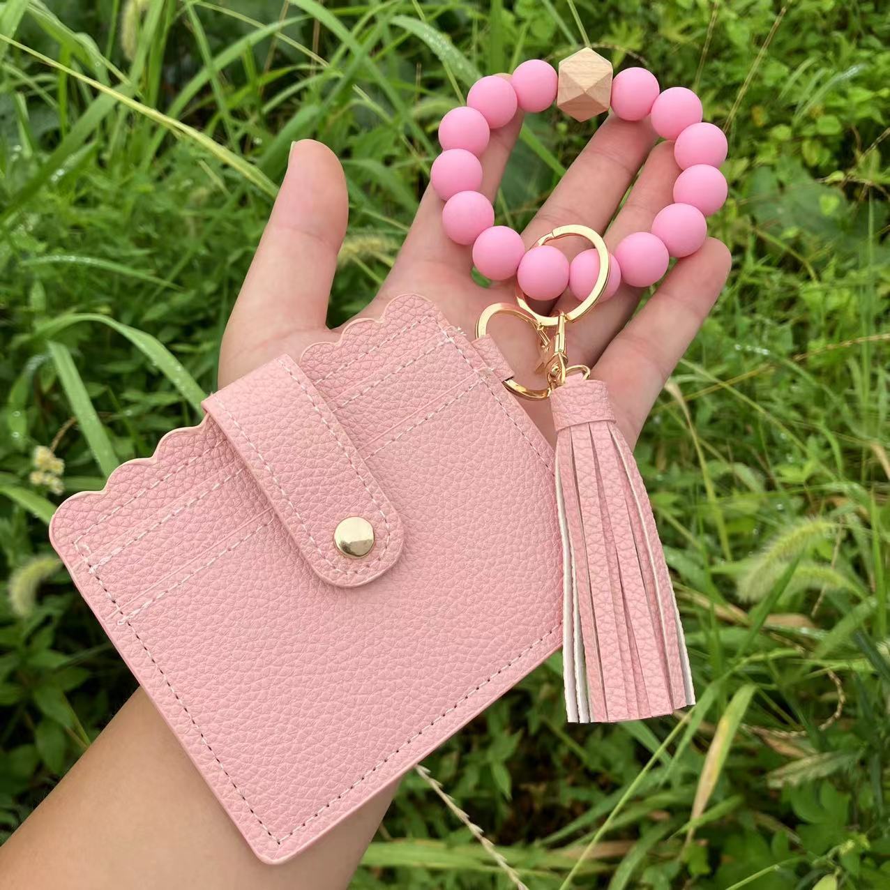 Wholesale Leopard Plaid Butterfly Card Holder Silicone Beaded Wristlet Keychain ACC-KC-QiuXue012