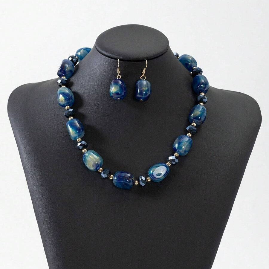 Wholesale Polished Acrylic Beaded Necklace Vintage Blue Jewelry Accessory for Everyday