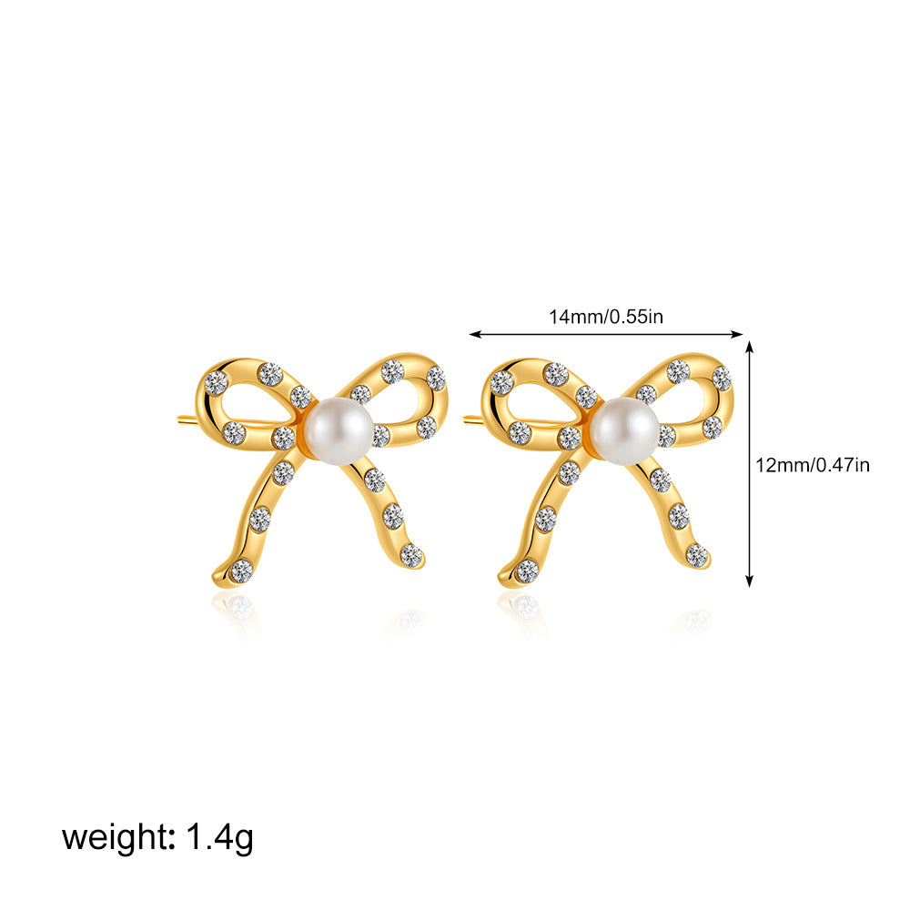 Wholesale 18K Gold Pearl Diamond Earrings Mini Bow Earrings