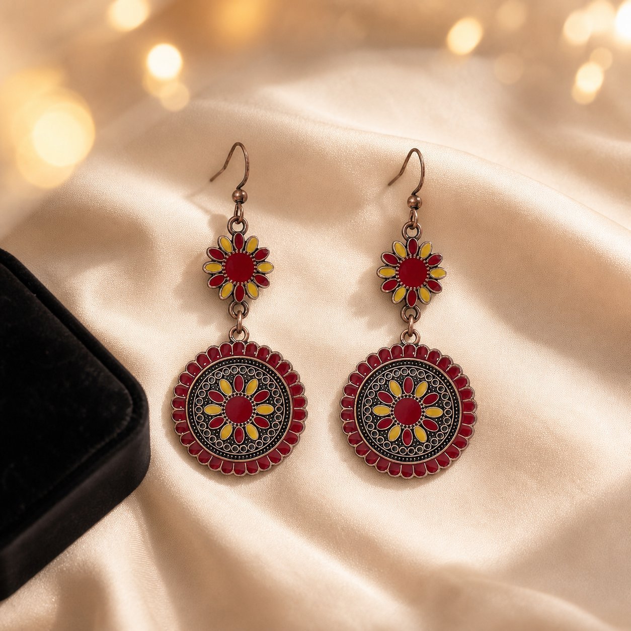 Wholesale Bohemian Geometric Round Oil Drop Earrings Bronze Red Alloy Flower Design Boutique Resale Jewelry Accessory