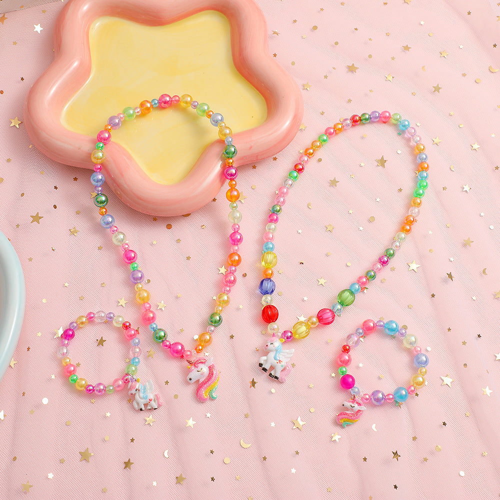 Wholesale Cartoon Unicorn Girl Jewelry Set Color Beaded Bracelet Necklace