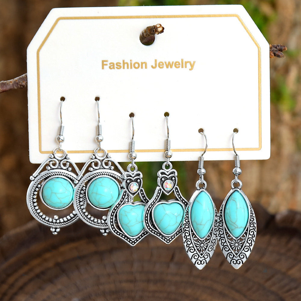 Wholesale European and American Cross-Border Hot Selling New Turquoise Earrings Set Fashion Ethnic Holiday Style Earrings Earrings Manufacturer
