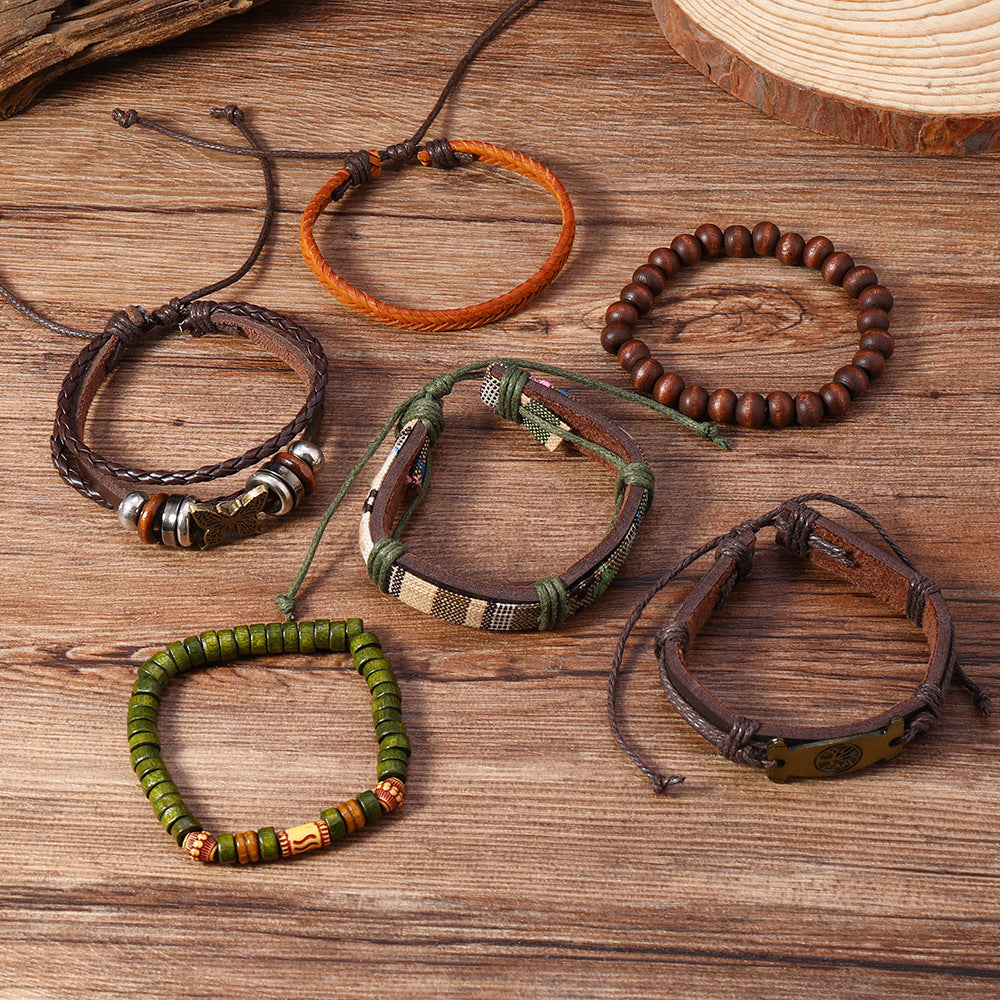 Wholesale Handmade Leather Wood Bead Bracelet 6 Pack Bohemian Peace Tree Butterfly Design Chic Unisex DIY Jewelry Gift