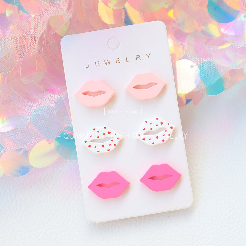 Wholesale 3pcs/set acrylic lacquer lip shape Valentine's Day earrings