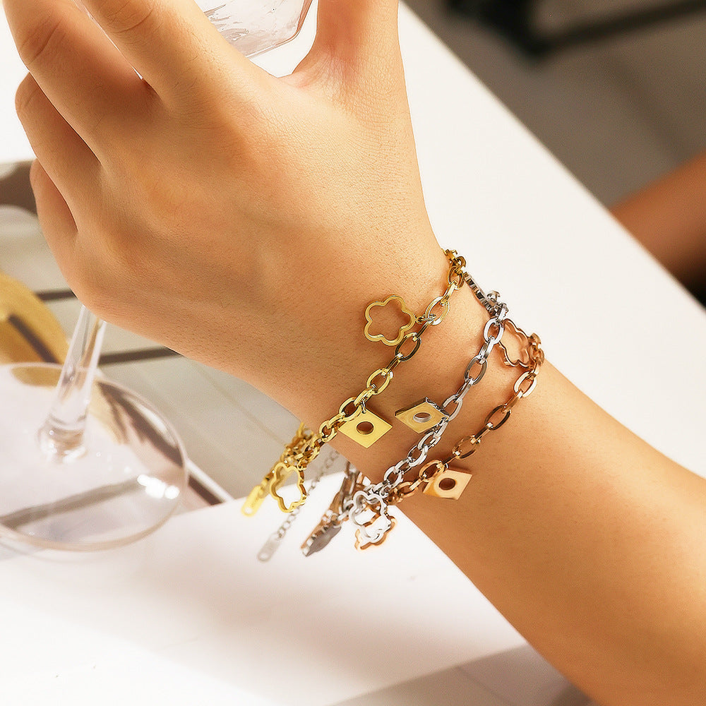 Wholesale Vintage Five-leaf Flower Hollow Titanium Steel Bracelets ACC-BT-DaLang001