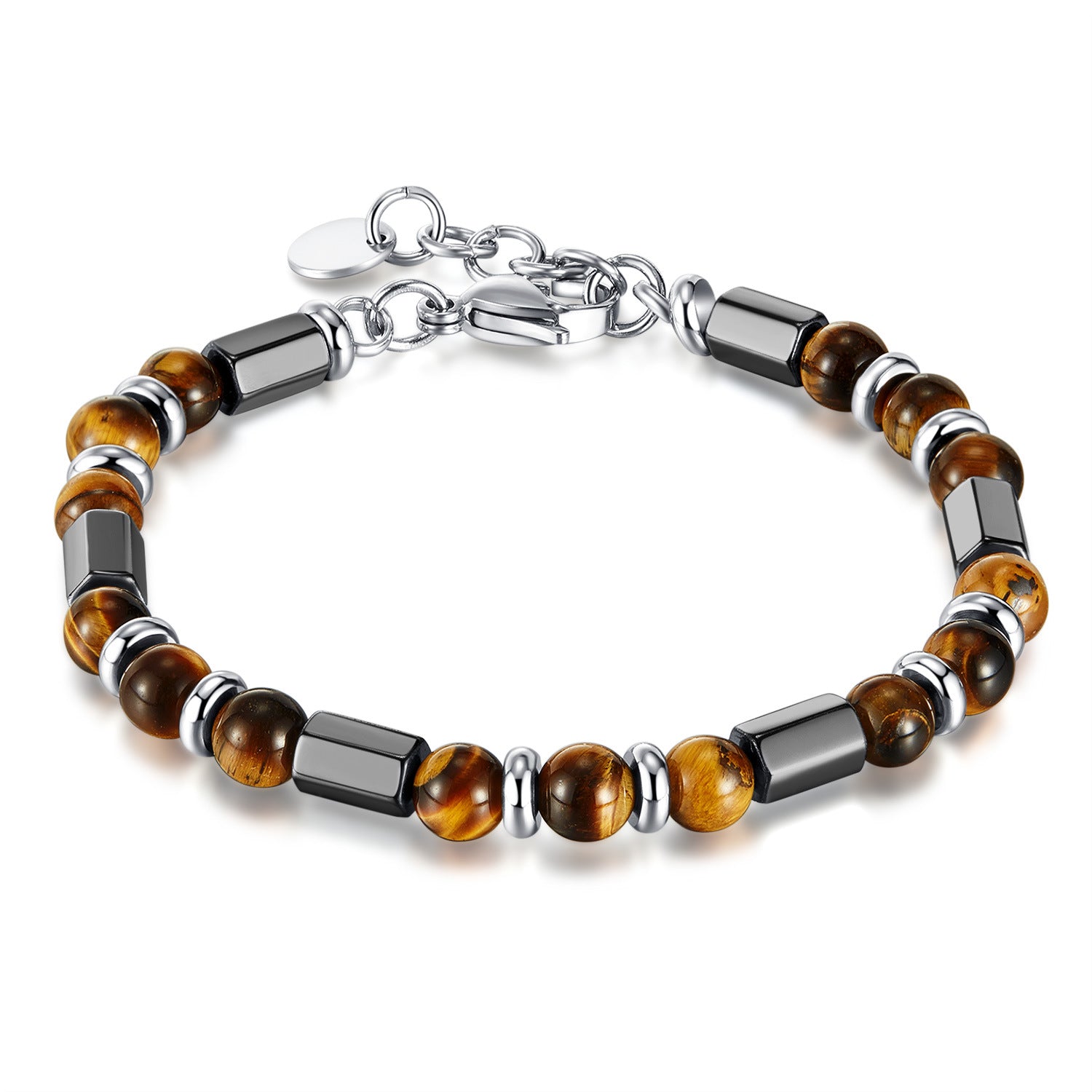 Wholesale  stainless steel  geometric tiger eye beaded chain bracelet