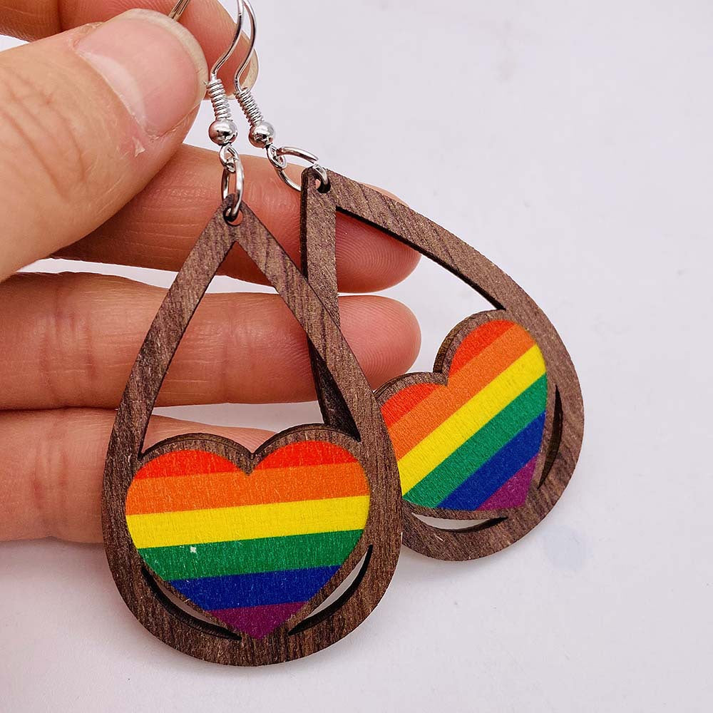 Wholesale Wooden Earrings Rainbow Love Valentine's Day Geometric Earrings