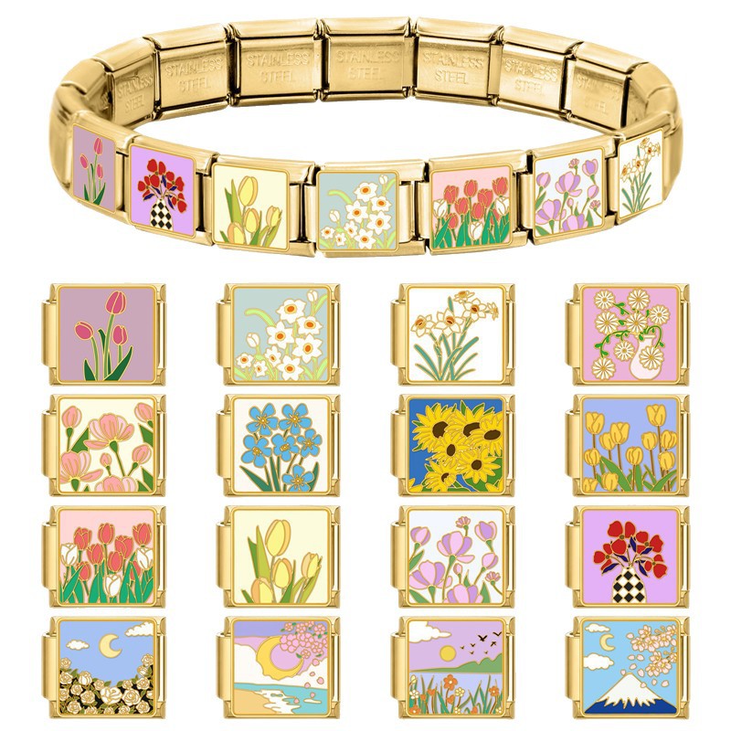Wholesale 9mm Italian Charm Starter Bracelets DIY Flower Series Stainless Steel Composable Bracelet