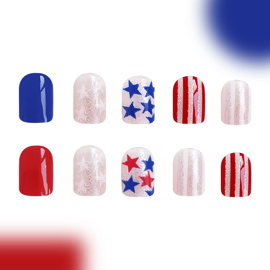 Wholesale 24 Pieces/box American Independence Day Short Glitter Five-pointed Star Manicure Press-on Nails Kits Nail Stickers ACC-NS-GuaiXL017