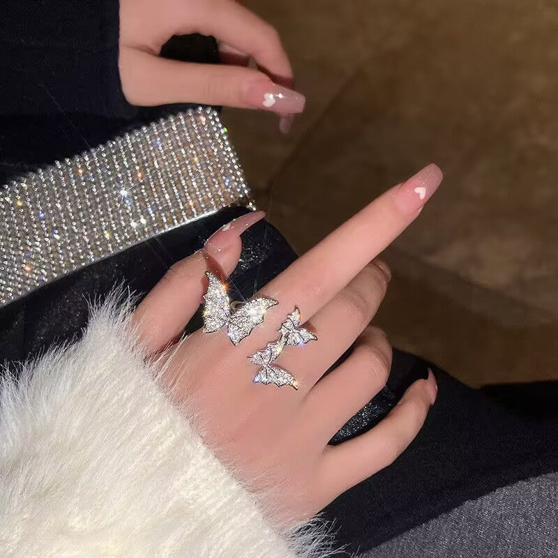 Wholesale exaggerated rhinestone micro inlaid butterfly open ring