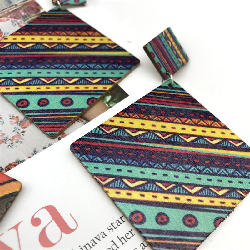 Wholesale Bohemian Vintage Wood Rhombus Long Earrings ACC-ES-FX056