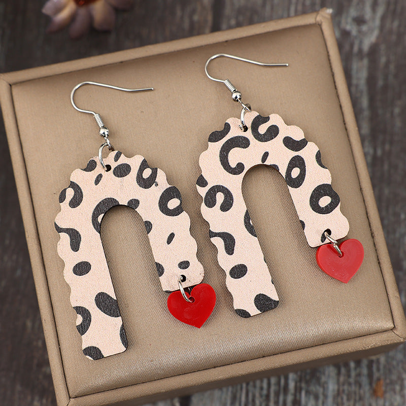 Wholesale Valentine's Day red heart stitching leopard print U-shaped earrings