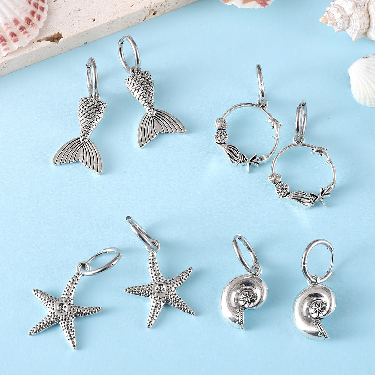 Wholesale 4 Pairs of Ocean Style Starfish Conch Fish Tail Hoop Earrings Set