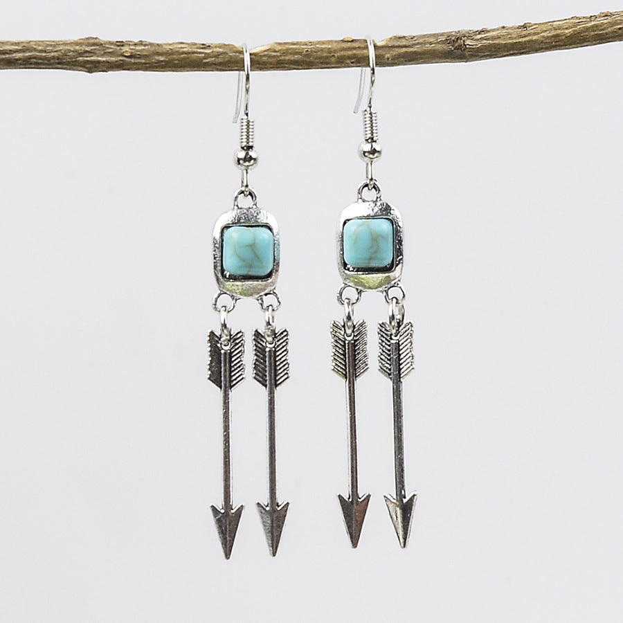 Wholesale Medieval Style Antique Silver Turquoise Feather Arrow Earrings Zinc Alloy Electroplated Jewelry Accessory