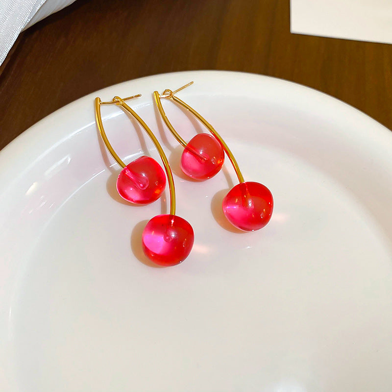 Wholesale Dark Red Resin Cherry Fruit Silver Needle Earrings ACC-ES-JingQiao003
