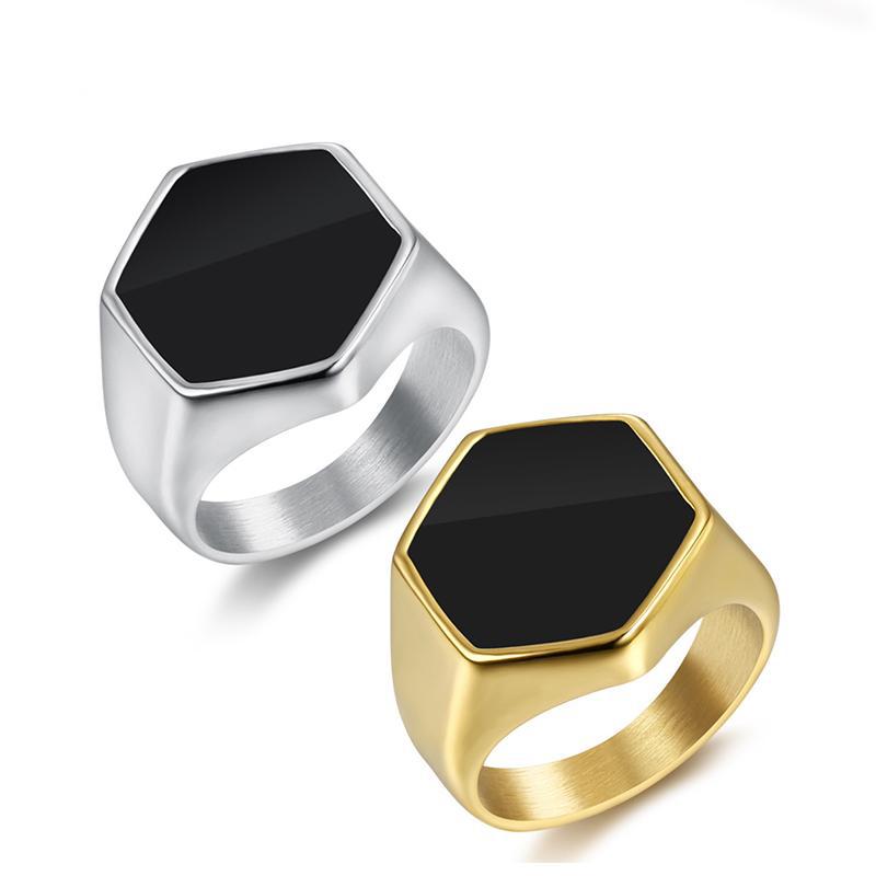 Wholesale Hexagon Black Glossy Stainless Steel Ring Men's Titanium Steel Ring ACC-RS-Qiaoa003