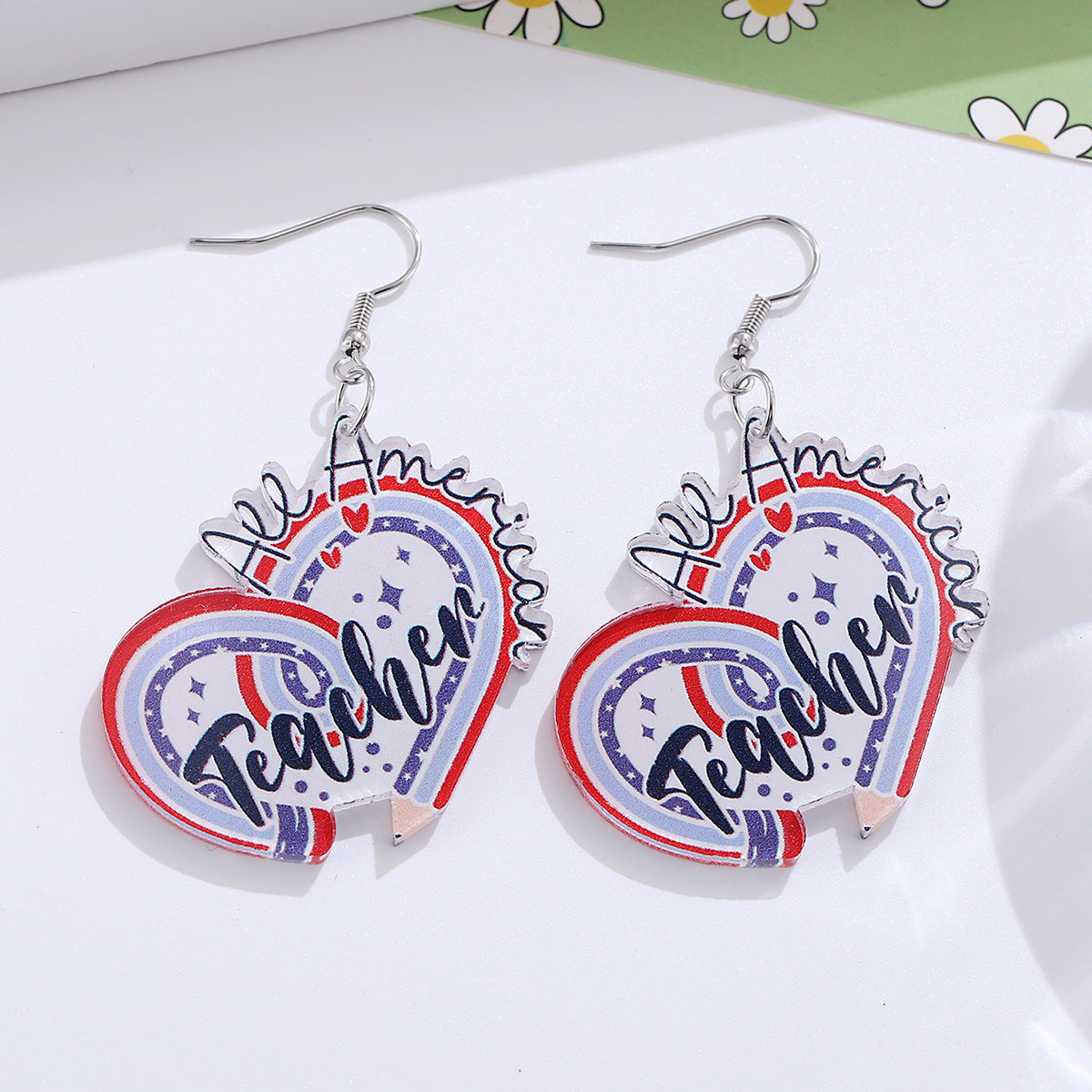 Wholesale Independence Day Red, White and Blue Pencil Heart Pendant Earrings