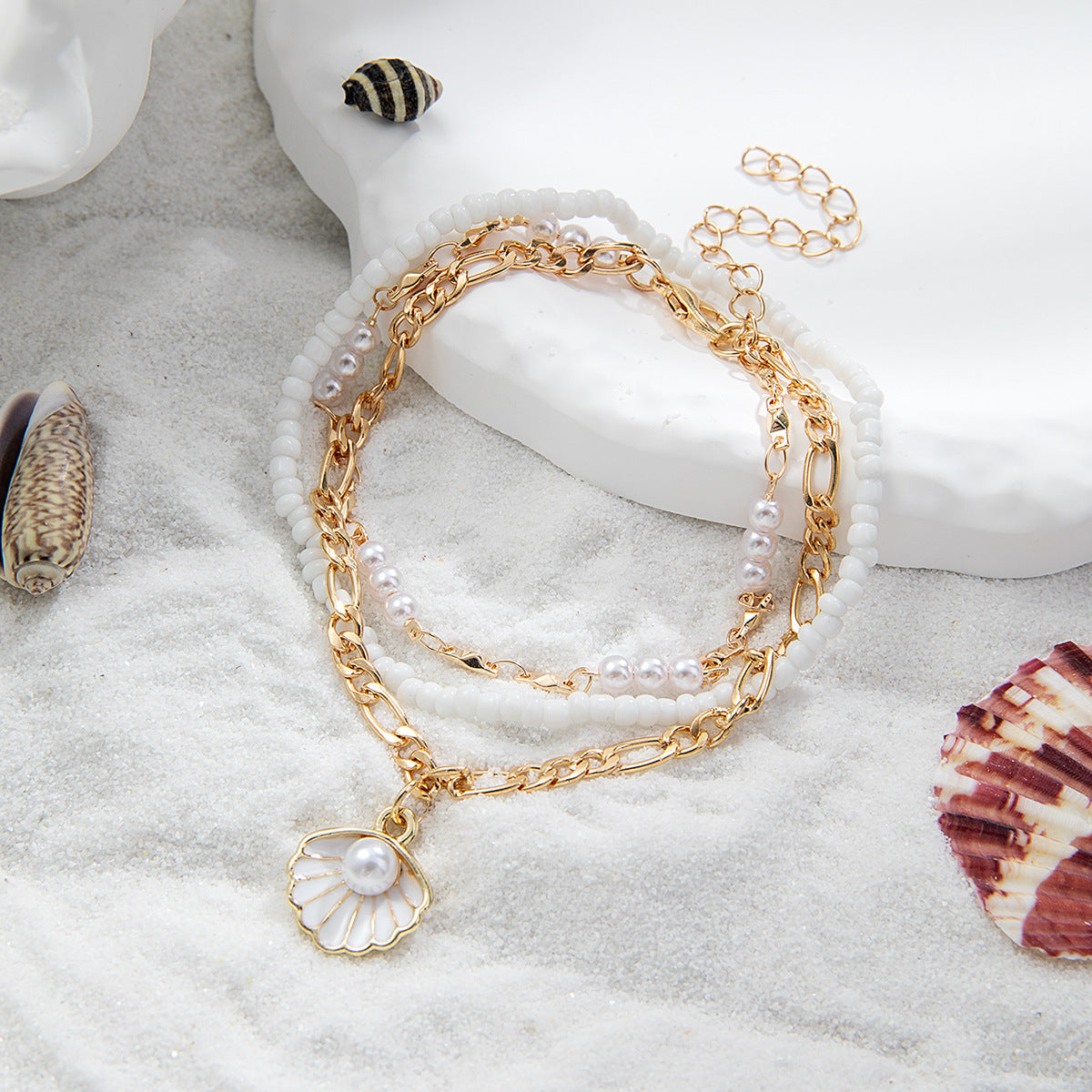 Wholesale alloy scallop pearl pendant rice beads elastic  anklet