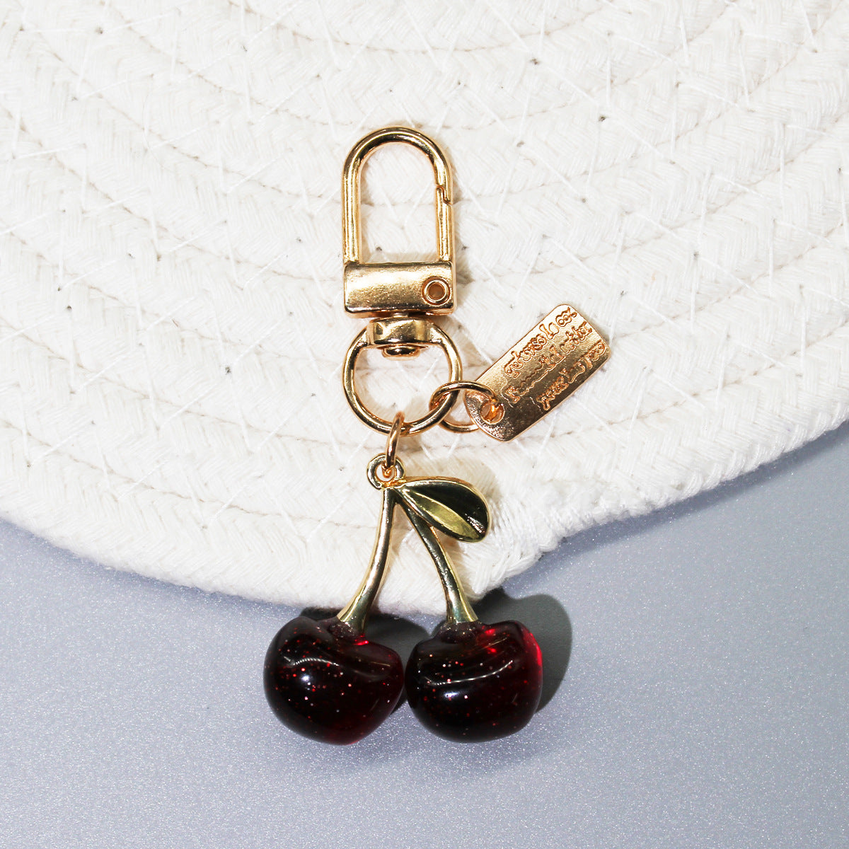 Wholesale  Golden Leaf Cherry Fruit Keychain Small Accessory Bag Decoration Phone Charm Zinc Alloy