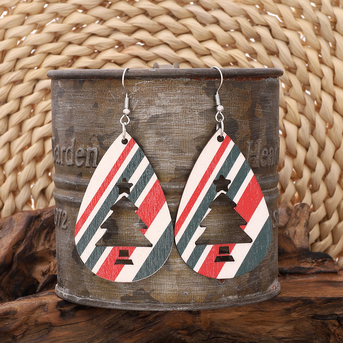 Wholesale Christmas Water Drops Striped Wooden Earrings