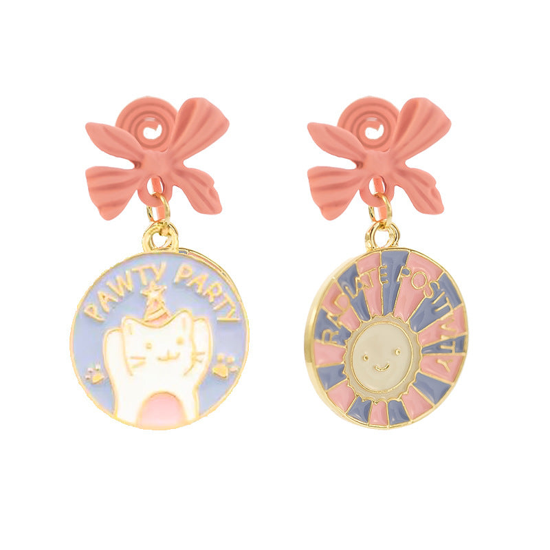 Wholesale Electroplated Alloy Pink Bow Cat Earrings Sweet Fashion Accessory for Girls Gift