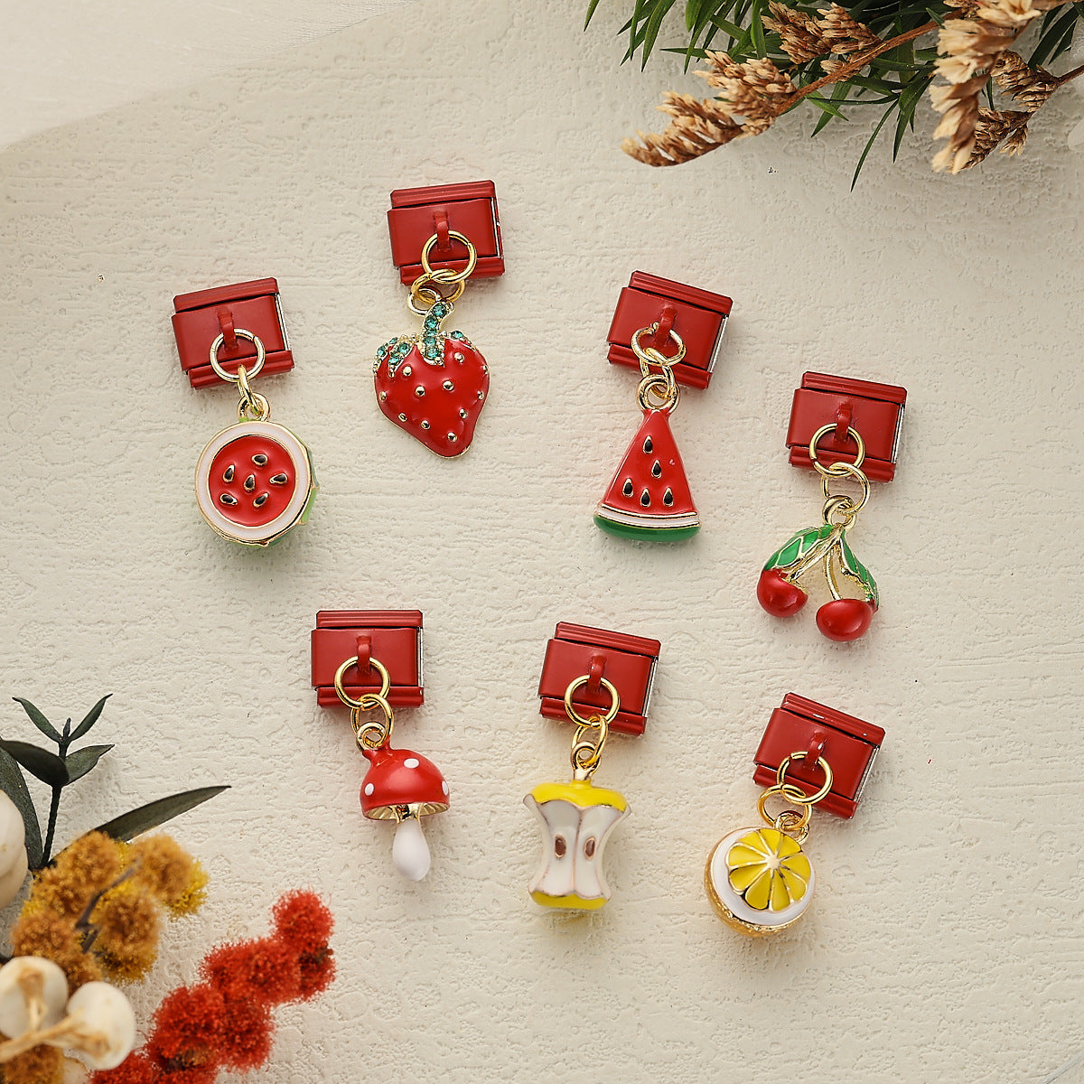Wholesale 5pcsvCherry Strawberry Watermelon Pendant Red Italian Module DIY Stainless Steel Bracelet Accessories