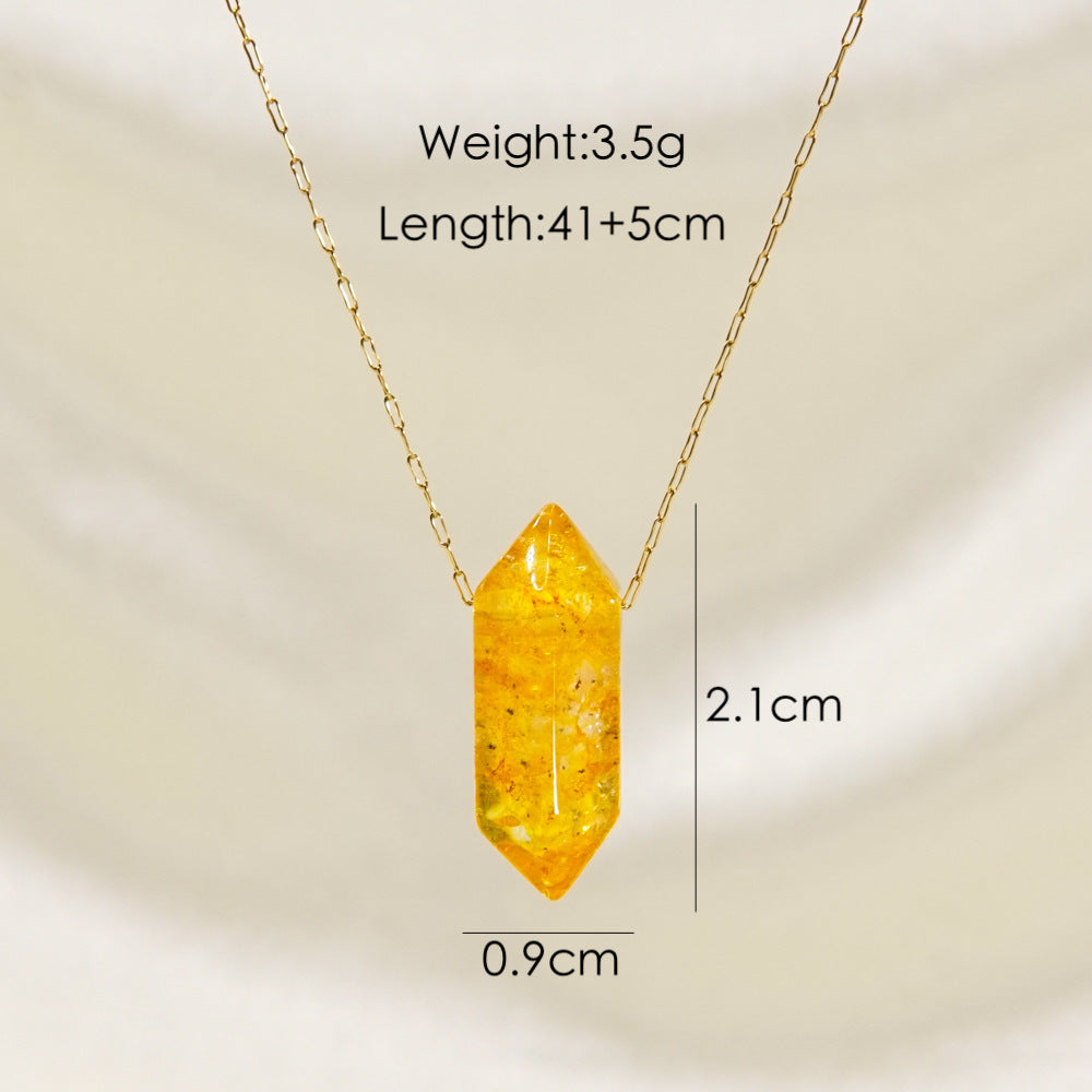 Wholesale Natural Crystal Double-pointed Multi-faceted Hand-polished Hexagonal Prism Pendant Stainless Steel Necklace