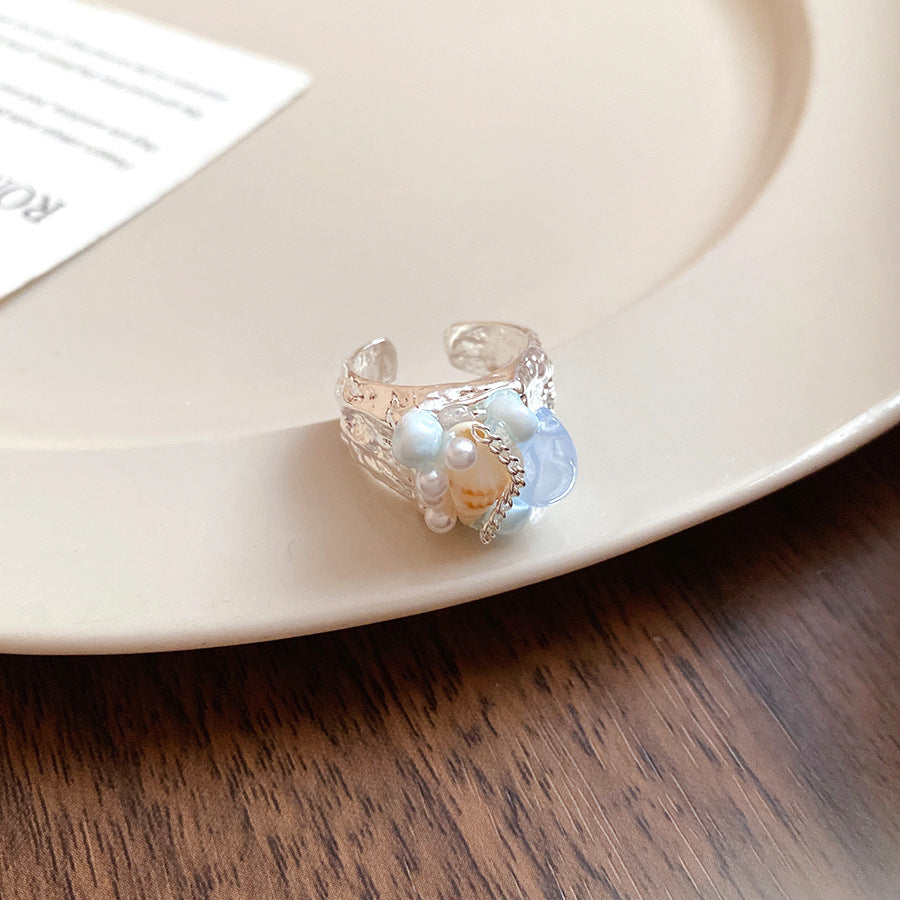 Wholesale Shell Beaded Geometric Open Ring - Sea Breeze Vacation Style Jewelry Accessory for Women