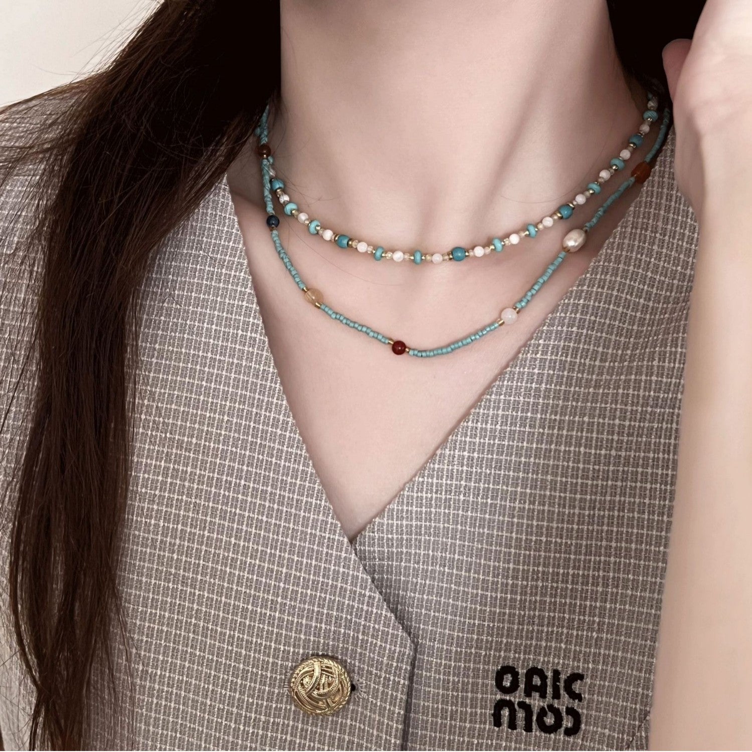 Wholesale Colorful Light Luxury Turquoise and Pearl Beaded Clavicle Necklace