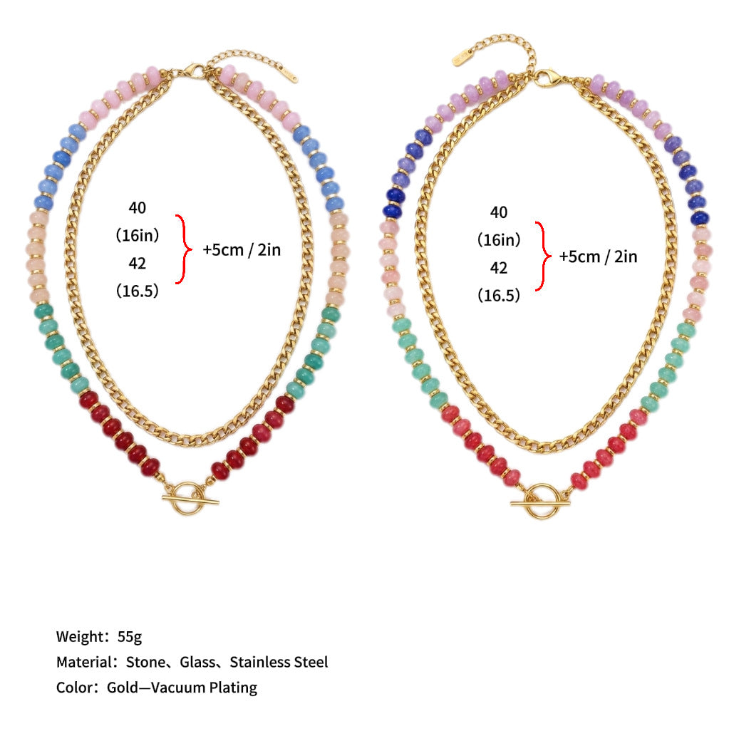 Wholesale Stainless Steel Cuban Chain Necklace Double Layer Natural Stone Abacus Beads Dopamine Style Jewelry Accessory For Women Boutique Gift