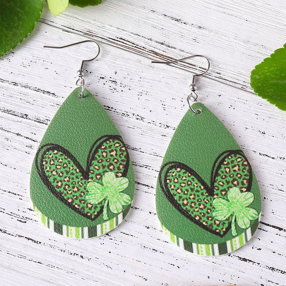 Wholesale St Patrick's Day  Green  leopard print love clover earrings
