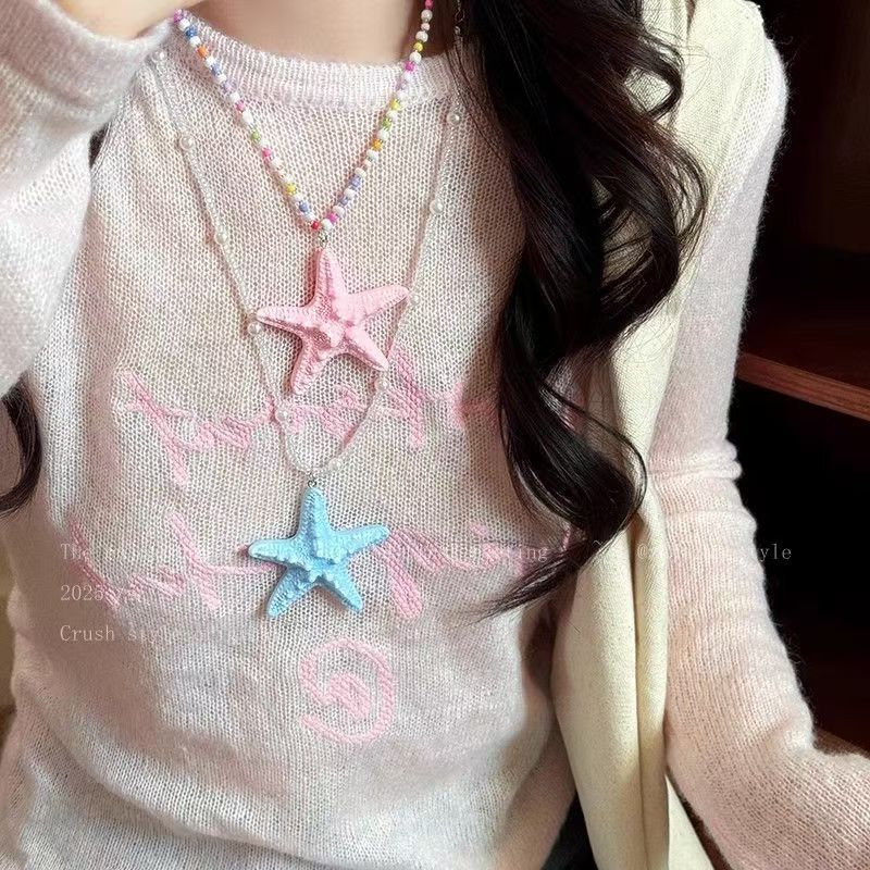 Wholesale Plastic Resin Long Beaded Starfish Necklace Summer Beach Vacation Style Yellow Pendant Jewelry Accessory For Women